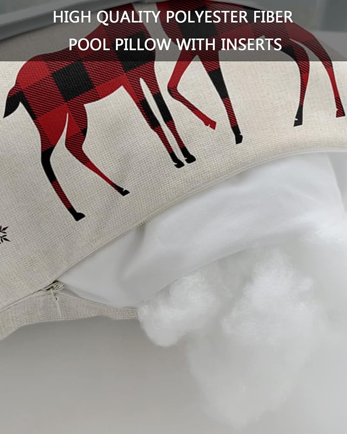 Outdoor Pillows Covers with Inserts Christmas Red and Black Buffalo Plaid Elk Waterproof Recliner Pillow with Adjustable Strap Throw Pillows for Patio Furniture Pool Lounge Chair, 11x16 inch, 1PCS