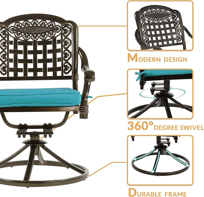 7-Piece Outdoor Patio Dining Set, 60” Rectangular Cast Aluminum Dining Table with Umbrella Hole and 4 Stationary, 2 Swivel Rocker Chairs, 6 Cushioned, Backyard, Patio, Garden, Blue