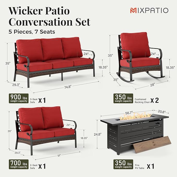 Patio Furniture Set with Fire Pit Table, Metal Outdoor Conversation Set with 5.75'' Extra Thick Cushion, 2 Rocking Chairs, Loveseat Sofa, 3-Seat Sofa and Gas Fire Pit Table, Red