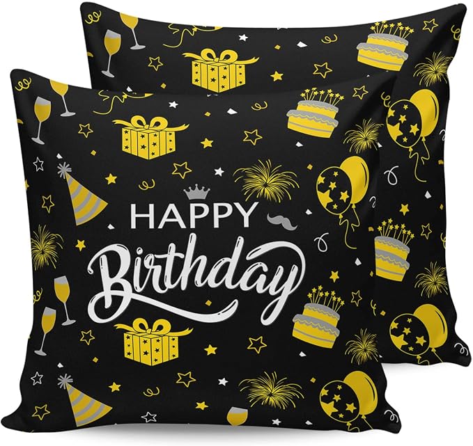 Prime Leader Outdoor Waterproof Pillow Covers Set of 2, Happy Birthday Cake Firwoks Black Patio Throw Pillow Covers, Decorative Cushion Case for Couch Sofa Furniture Garden, 20x20 Inch