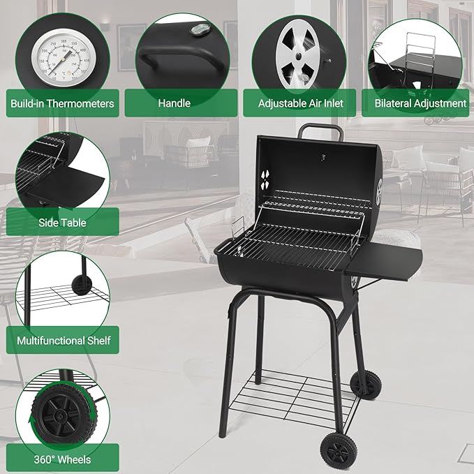 Outdoor BBQ Charcoal Grills,Heavy Duty Charcoal Grill,Metal Outdoor Barbecue Smoker,Portable Camping Barbecue Grills,with Side Table and Wheels,for Garden, Backyard, Patio, Picnics, Party (Black)