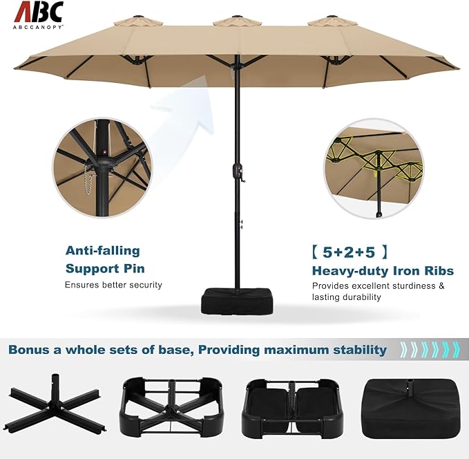 ABCCANOPY 15FT Patio Umbrella with Base, Outdoor Double-Sided Rectangle Umbrella Bonus Latch, Wights for Poolside, Lawn, Backyard (Khaki)