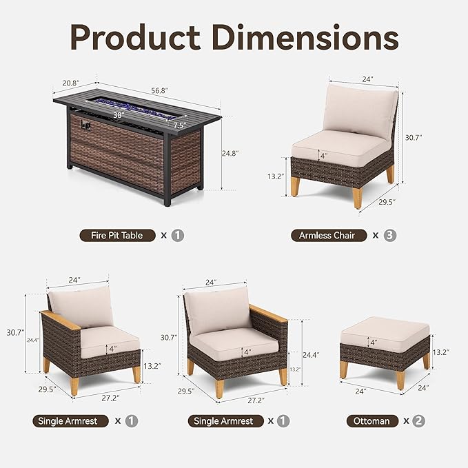 GREEN PARTY 7 Pieces Wicker Patio Furniture Set with 56" Fire Pit Table, All-Weather Outdoor Rattan Patio Sectional Sofa Conversation Set with 4" Thick Cushions for Garden, Backyard, 2 x Ottomans