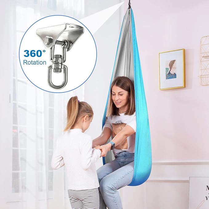 Therapy Swing Hammock Kids Cuddle Sensory Swing Indoor Therapeutic Hammock 360° Rotating Double Layer Elastic Rocking Cloth Swing Gifts for Children with ADHD SPD Asperger Autism (Sky Blue+Grey)