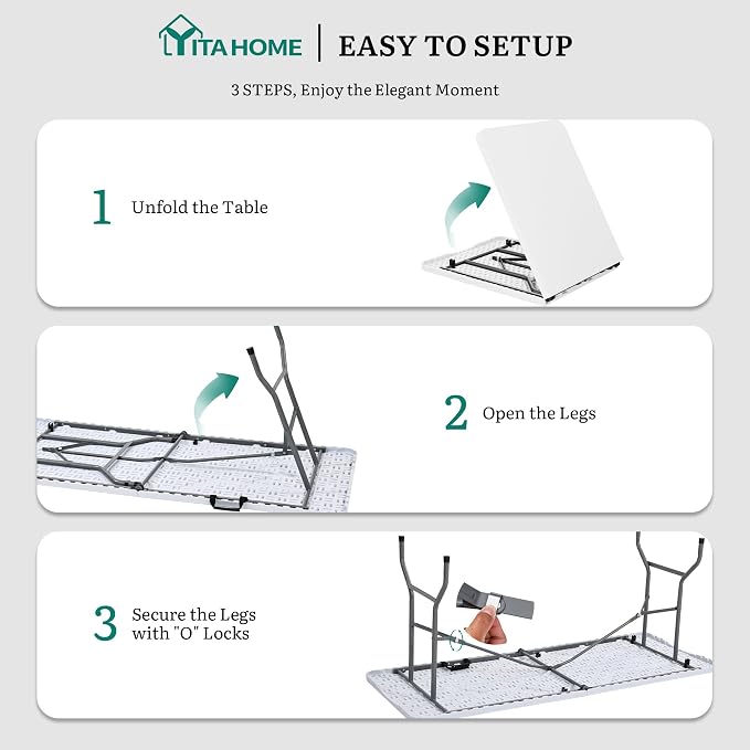 YITAHOME Heavy-Duty 6ft Folding Table with Handle, Portable Rectangle Folding Table for Easy Storage, Ideal for Outdoors Camping, Picnics, Parties & Indoor Events, White