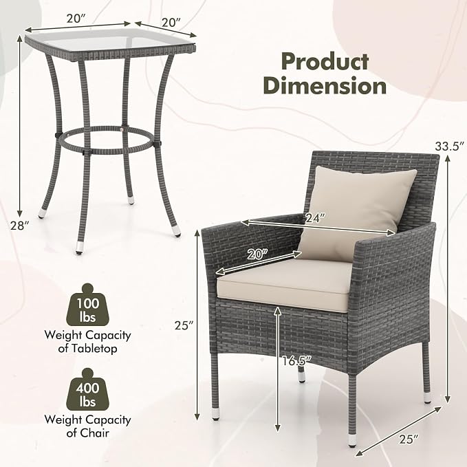 DORTALA Wicker Patio Furniture Set 3 Piece, Small Outdoor Table & Chairs with Tempered Glass Tabletop, Cushions, Rattan Conversation Bistro Set for Balcony, Porch, Backyard, Deck, Mix Gray+Off White