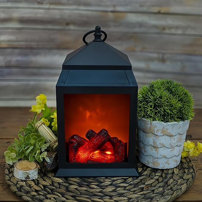 Simulated LED Fireplace Lantern USB & Battery Powered Flameless Light with Simulation Flame Table Decorative Lamp Mini Fireplace Ornament for Cozy Home Decor Free Standing Electric Log Burner