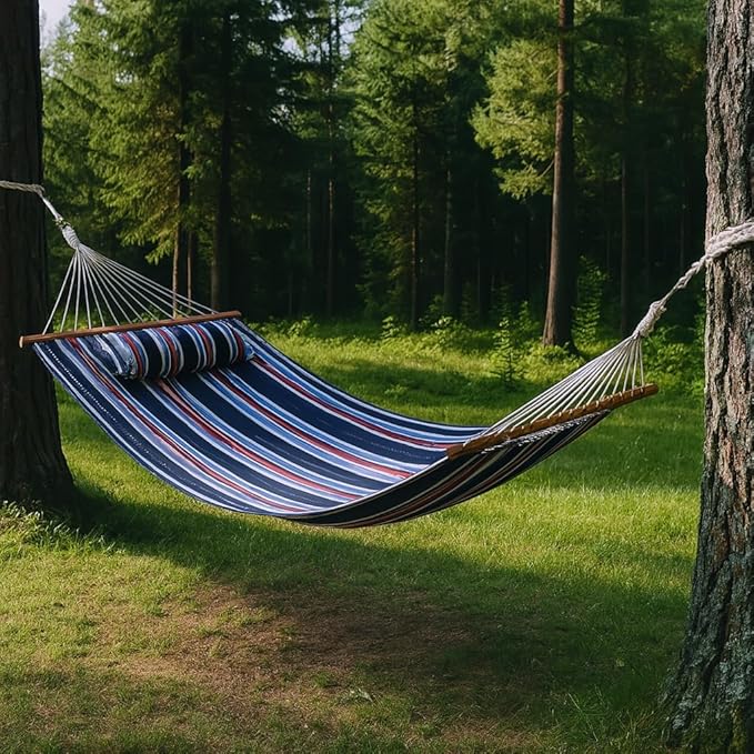 HomeRoots 643966 Striped Double Hammock Blue Red & White