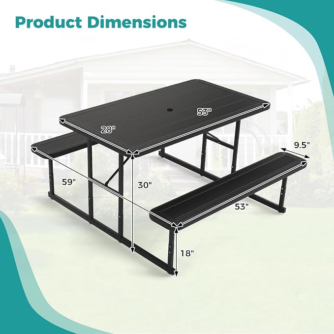 LDAILY Picnic Tables with Benches, Rectangular Dining Table Set for Outside 4 People, HDPE Tabletop, Metal Frame, Umbrella Hole, Heavy Duty Picnic Table for Outdoors, Patio, Lawn, Commercial (Black)