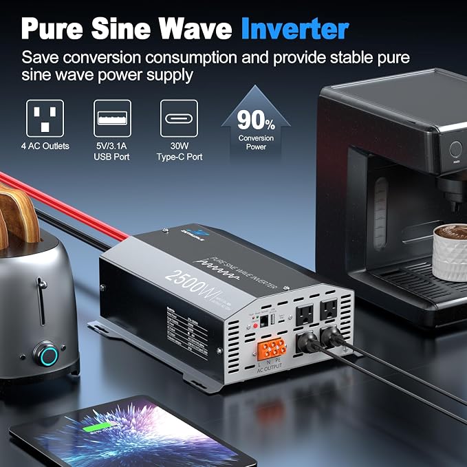 2500W Pure Sine Wave Inverter 48V DC to 110V/120V AC Converter, 5000W Peak, High-Efficiency Off-Grid Solar Power Inverter, 4 AC Outlets, USB & Type-C, LCD Remote Control