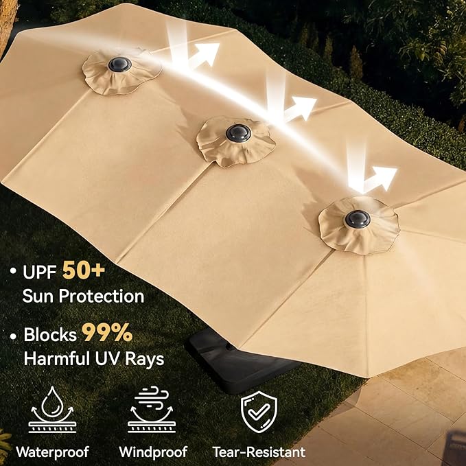 Aoxun 15ft Patio Umbrella with Base Included, Outdoor Double-Sided Rectangular Umbrella with Crank Handle & Ventilation, Large Standing Umbrella for Pool, Deck, Lawn, Backyard & Beach