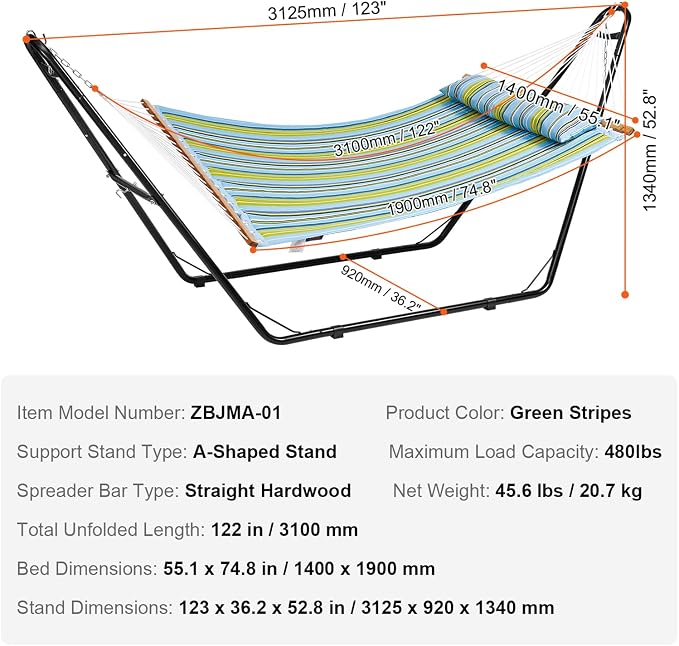 VEVOR Double Quilted Fabric Hammock with Universal Steel Stand, 2 Person Hammock with Stand, Detachable Pillow & Portable Bag 480lbs Capacity Free Standing Hammock for Outside, Patio, Garden, Beach
