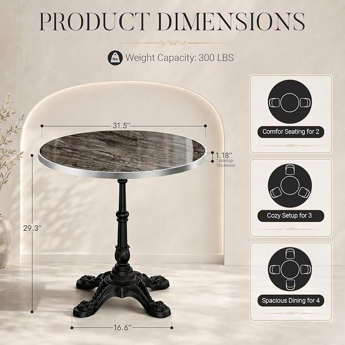 31.5" Outdoor Tulip Dining Table with Sintered Stone Tabletop and Cast Iron Base, Antique Patio Bistro Table for 2-4 Person for Indoor Outside Cafe Restaurant Backyard Garden (Venetian Brown Marble)