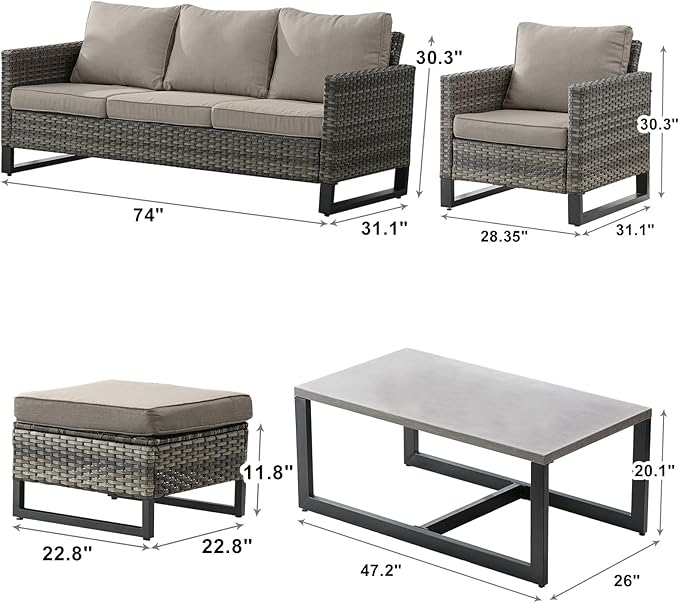 Rilyson Wicker Outdoor Patio Furniture Set - 6 Piece Patio Conversation Set with 2 Armrest Chairs,2 Rattan Ottoman,1 Couch and 1 Metal Side Table for Outside Porch Deck Backyard(Mixed Grey/Grey)