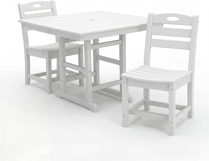 WILLIAMSPACE 37.8" Outdoor Patio Dining Set with 2 Armless Chairs, All Weather HDPE Square Dining Table with Umbrella Hole, Patio 3-Piece Bistro Set for Backyard, Balcony, Lawn, Kitchen (White)