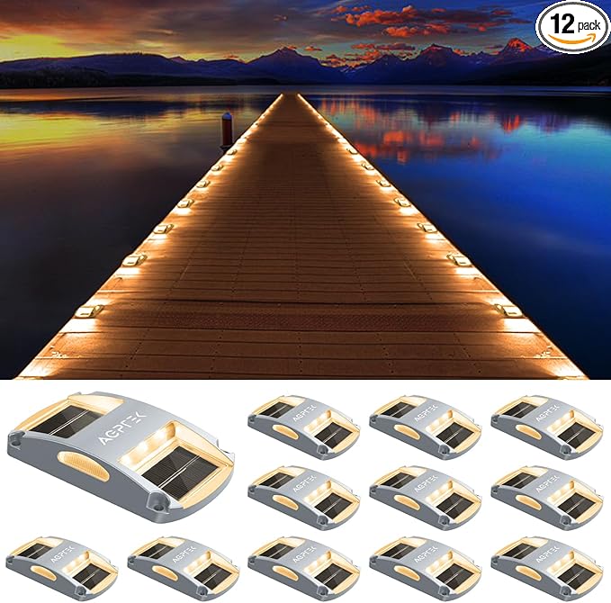 AGPTEK Solar Driveway Lights 12 Pack, Outdoor Deck Dock Marine LED Solar Powered Waterproof Driveway Marker Lights for Warning Step, Sidewalk, Pathway, Garden, Yard (Warm White)