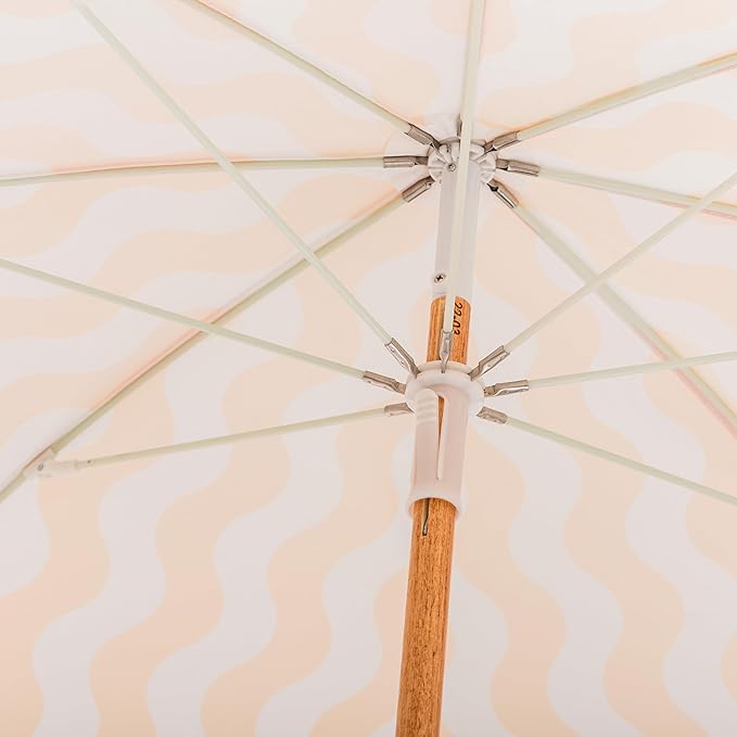 Business & Pleasure Co. Holiday Umbrella - Boho Beach Umbrella with White Fringe, UPF 50+, 1" Tilting Wood Pole, 5’ x 6.5’, Ocean Mimosa Stripe