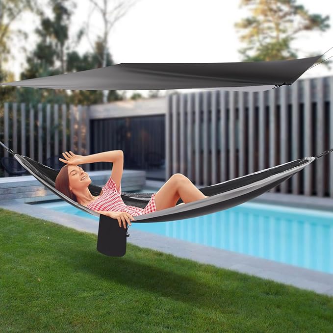 Camping Hammock, Portable Camping Hammock Double Tree Hammock Outdoor Indoor Backpacking Travel & Survival, with 2 Tree Straps and Attached Carry Bag (Black and Grey)