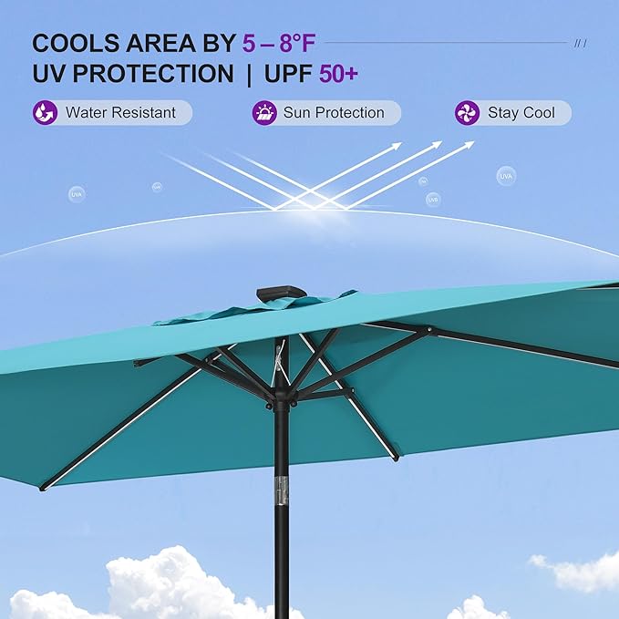 PURPLE LEAF 5' x 8' Rectangular Patio Umbrella with Solar LED Outdoor Table Umbrella Aluminum Frame Market Umbrella Sun Umbrella for Garden Deck Lawn Pool Turquoise Blue