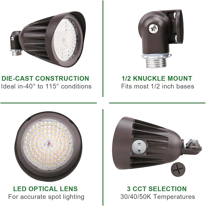 OSTEK 25W LED Bullet Spotlight Flood Light, 3CCT Selectable LED Landscape Spotlight with Knuckle Mount 3500LM, 0-10V Dimmable Commercial Outdoor Weatherproof Flood Light 120-277V, UL-Listed (6 Pack)