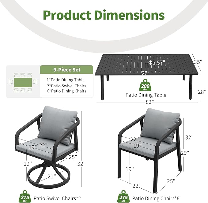Outdoor Dining Set,9-Piece Patio Dining Table Set for 8 with Rectangular Table and 6 Thick Cushion Dining Chair & Swivel Chair, Aluminum Patio Furniture Set for Backyard, Garden (Black)