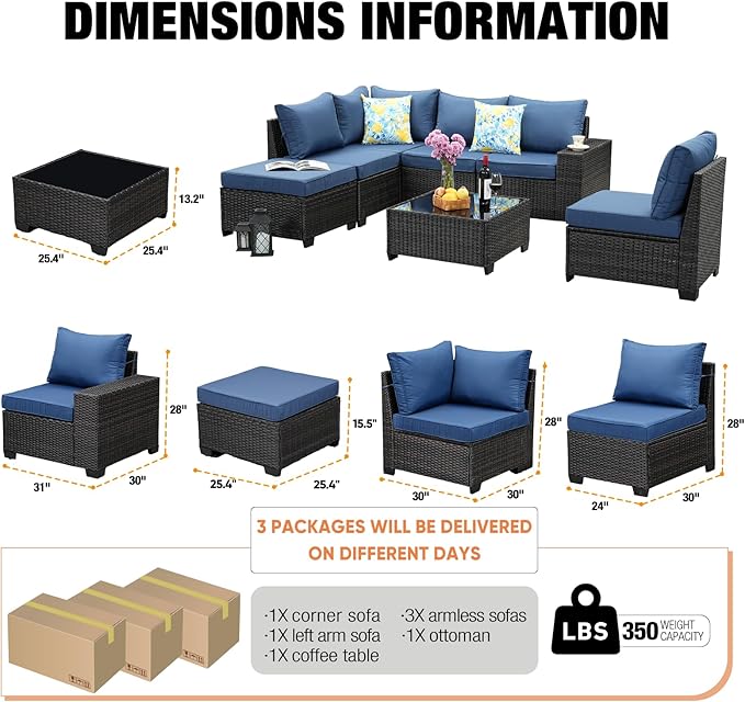 7 Pieces Patio Furniture Set,Wicker PE Rattan Outdoor Sectional with Cushion & Coffee Table, Patio Conversation Sofa for Garden, Backyard, Poolside,Navy