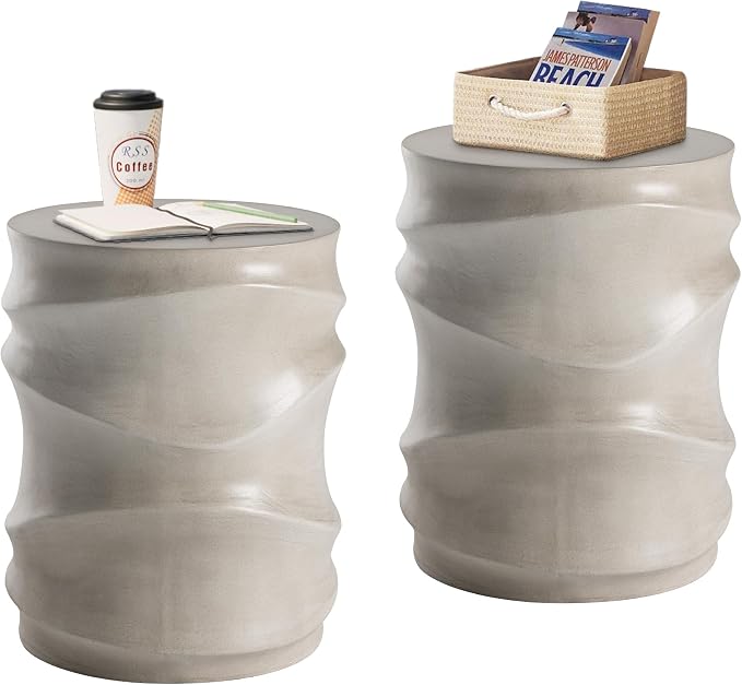 HOMPUS Outdoor Side Table Set of 2, Round Concrete Side Table Modern Vintage, Patio Accent Table Garden for Indoor Outdoor Use, Grey