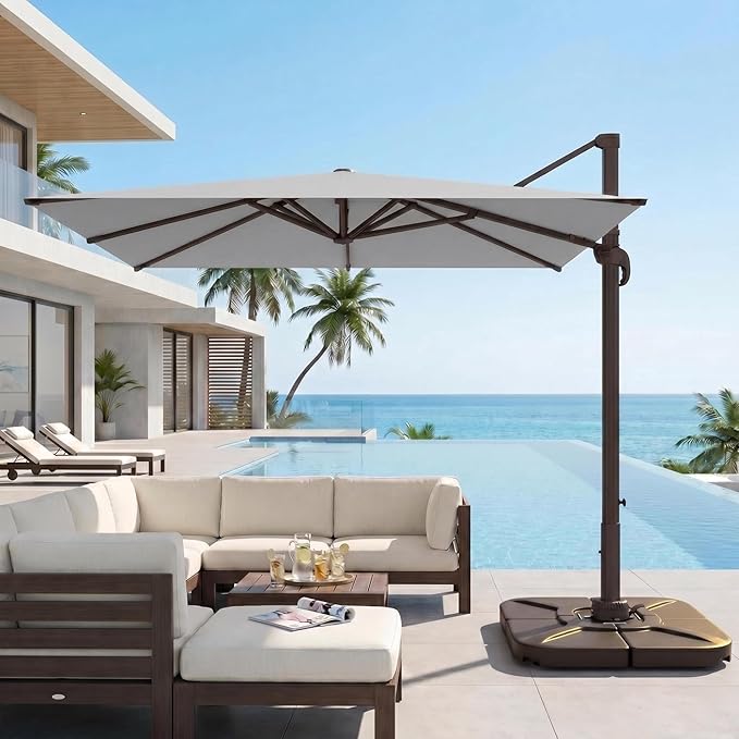 Kingdura 9' X 9' Cantilever Patio Umbrella with Base Included, Large Square Outdoor Offset Umbrella with 360-degree Rotation, 4 Position Tilt, UV Protection for Pool Deck Garden Patio (Light grey)