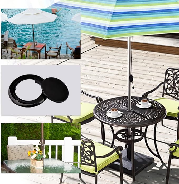 Prudiut 2 Inch Patio Table Umbrella Hole Ring and Cap Set, 2 Set Standard Umbrella Hole Ring Plug and Cap Set for Glass Outdoors Patio Garden Table Deck Yard (Black)