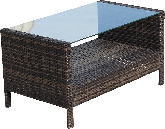 34.6" Patio Side Table, Large Rectangle Outdoor Coffee Table with Tempered Glass Top, Heavy Duty PE Rattan Wicker End Table, Patio Sofa Table for Backyard Deck Patio