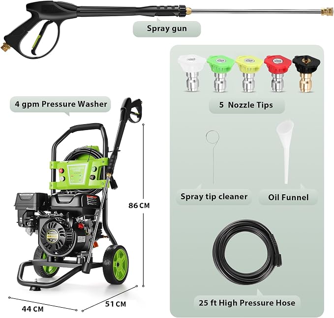 Professional 4200PSI 4GPM 209CC Gas Pressure Washer, 7.0HP Heavy-Duty 3600RPM Commercial Gas Power Washer with 750ML Foam Bottle 8" Wheels 5 Nozzles 25FT Hose (EPA/CARB/ETL Compliant), Green