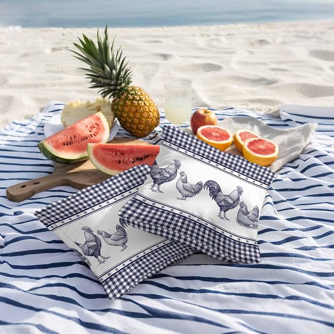 Navy Blue Rooster Outdoor Pillow Covers 24x24 Inch Throw Pillow Covers Set of 2 Waterproof Decorative Pillow Cases Vintage Farmhouse Blue Plaid Cushion Covers for Patio Furniture Garden Couch Sofa