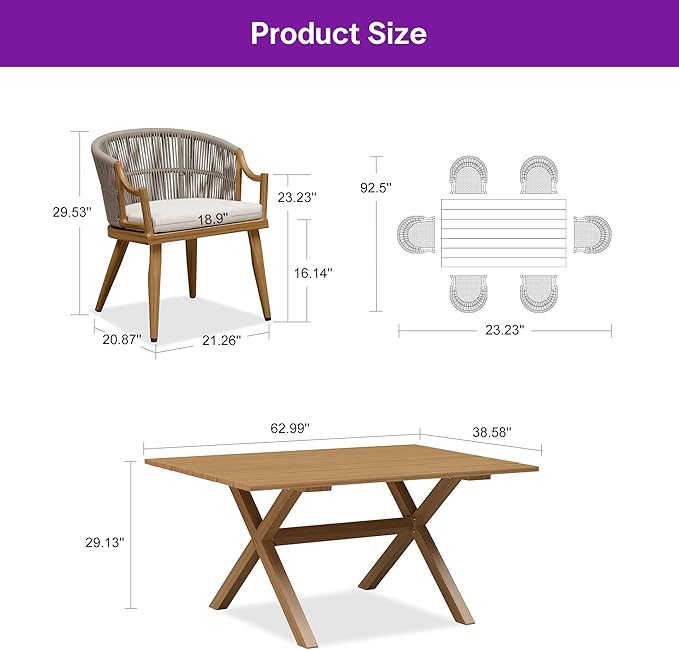 PURPLE LEAF Outdoor Dining Set for 6 with Waterproof Furniture Cover All Weather Patio Dining Set with Rectangular Aluminum Table and Wicker Dining Chairs for Garden Deck Backyard Kitchen, Teak
