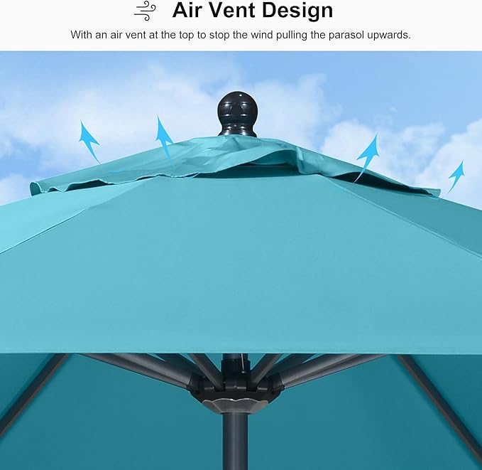 PURPLE LEAF 10' Round Patio Umbrella Outdoor Table Umbrella Aluminum Frame Market Umbrella Sun Umbrella with 8 Sturdy Ribs Tilt for Garden Deck Lawn Pool Turquoise Blue