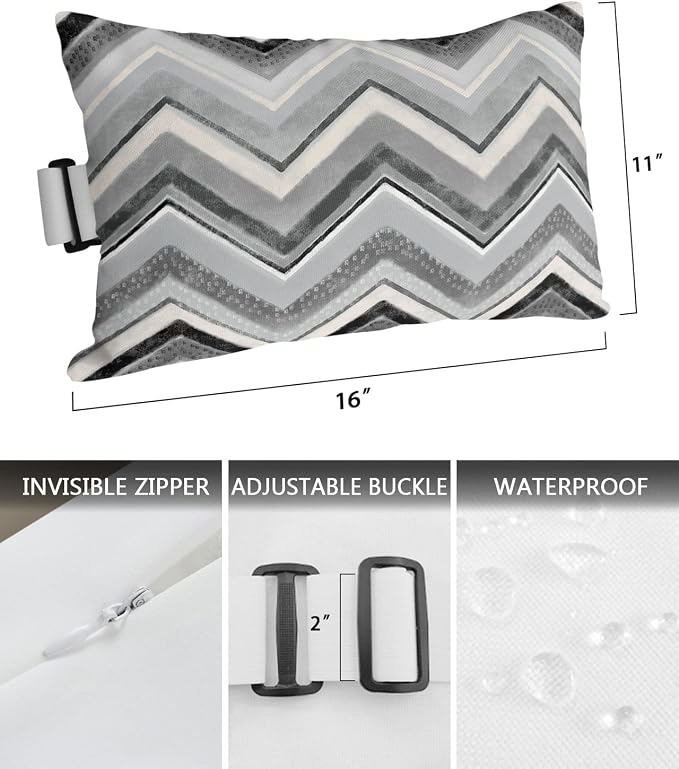 Outdoor Pillows Covers with Inserts Northern Europe Grey Geometric Wave Stripes Waterproof Recliner Pillow with Adjustable Strap Throw Pillows for Patio Furniture Pool Lounge Chair, 11x16 inch, 1PCS