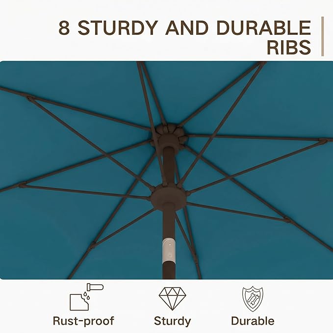 Kingdura 9FT Outdoor Patio Umbrella, Market Table Umbrella with Push Button Tilt and Crank, 8 Sturdy Fiberglass Ribs, UV Protection for Pool, Lawn, Deck, Backyard, Garden (Lake blue)