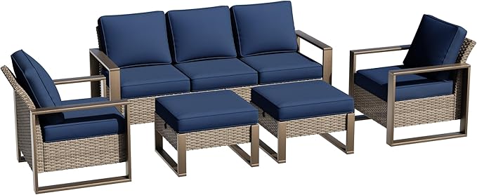5 Pieces Metal Wicker Patio Furniture Set - 75" Sofa, Two Armchairs and Two Ottomans, All Weather Rattan Outdoor Conversation Furniture with Washable Cushion for Deck Porch, Dark Blue