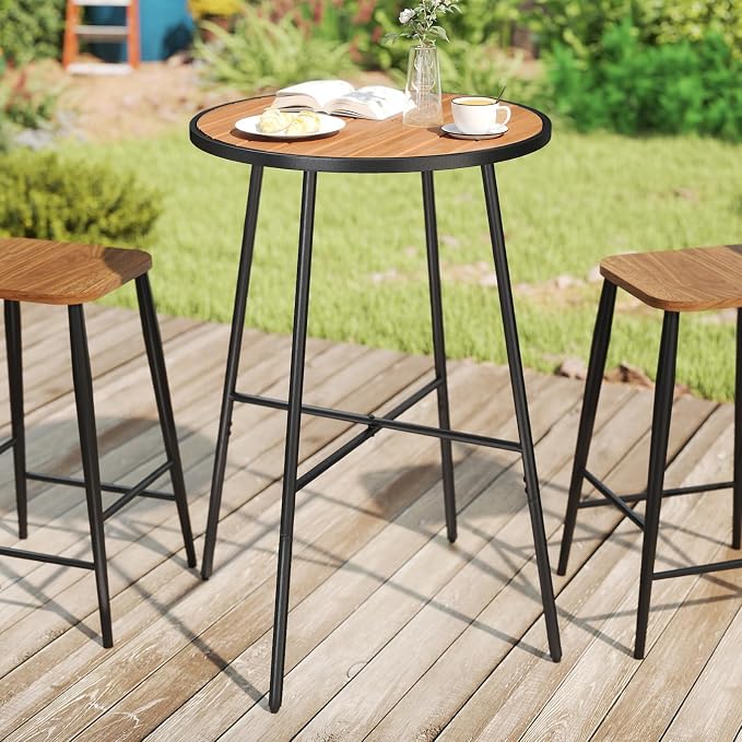 COSTWAY Outdoor Bar Table, 41" Bar Height Patio Round Table with Acacia Wood Top & Metal Frame, High Top Outside Pub Height Bistro Dining Table for Balcony, Garden and Backyard