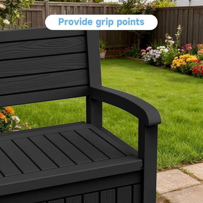 70 Gallon Outdoor Storage Bench， Waterproof and Lockable Outdoor Storage Box, Durable Resin Deck Box for Patio, Backyard, Garden, Porch(Black)