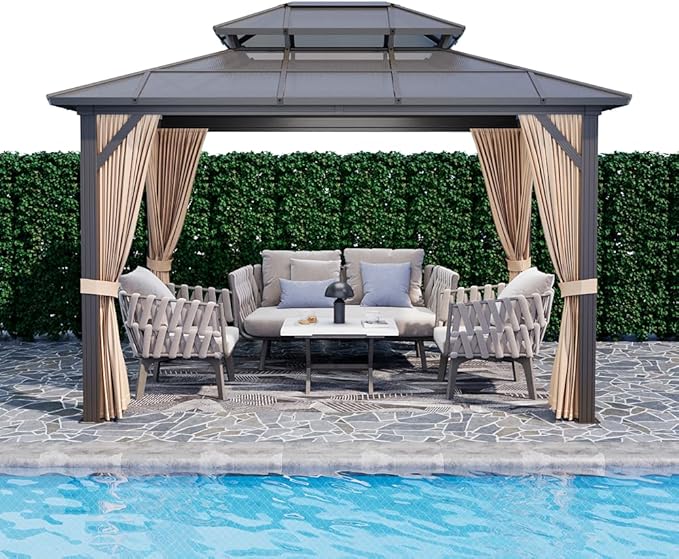 GAOMON 10'x12' Hardtop Gazebo, Outdoor Polycarbonate Double Roof Canopy, Aluminum Frame Permanent Pavilion with Curtains and Netting, Sunshade for Garden, Patio, Lawns