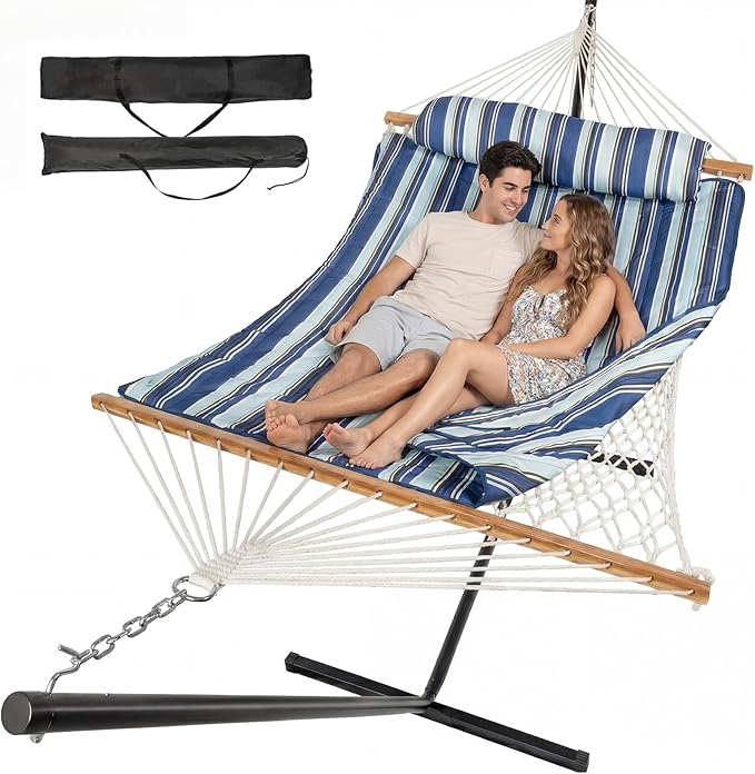 Double Hammock with Stand – Portable Cotton Rope Hammock with Removable Quilted Pad & Pillow, Adjustable Steel Frame for Patio, Backyard, Garden, Park, Camping & Outdoor Relaxation – Blue