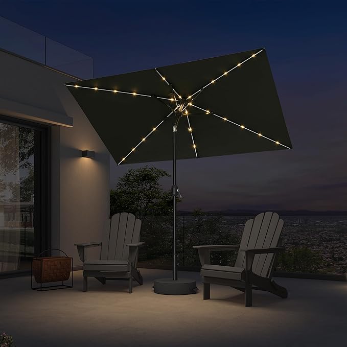 PURPLE LEAF 5' x 8' Rectangular Patio Umbrella with Solar LED Outdoor Table Umbrella Aluminum Frame Market Umbrella Sun Umbrella for Garden Deck Lawn Pool Gray