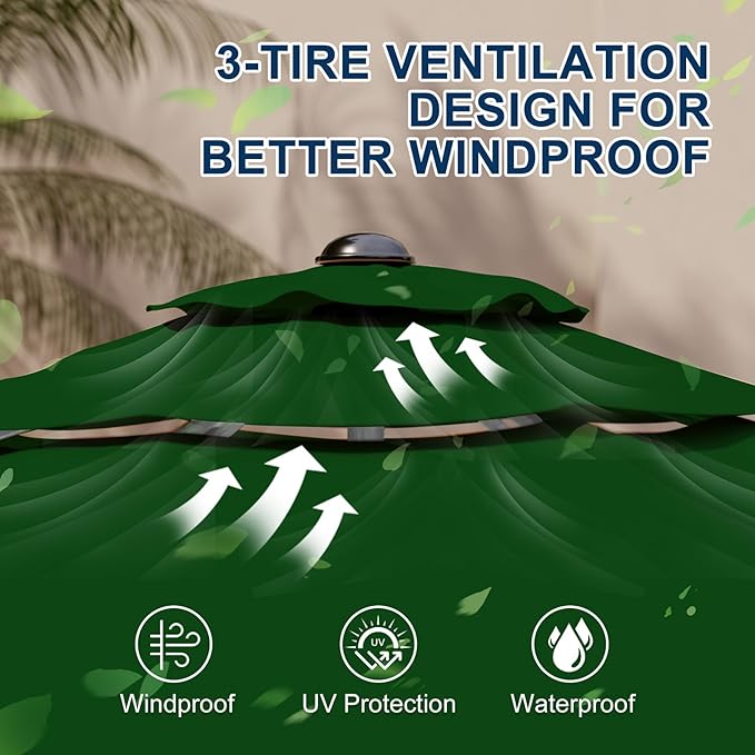 10FT 3-Tier Aluminum Outdoor Patio Umbrella, Fade-Resistant Market Umbrella with Push Button Tilt Function, 8 Sturdy All-Aluminum Ribs for Gardens, Patios, Backyards & Pools