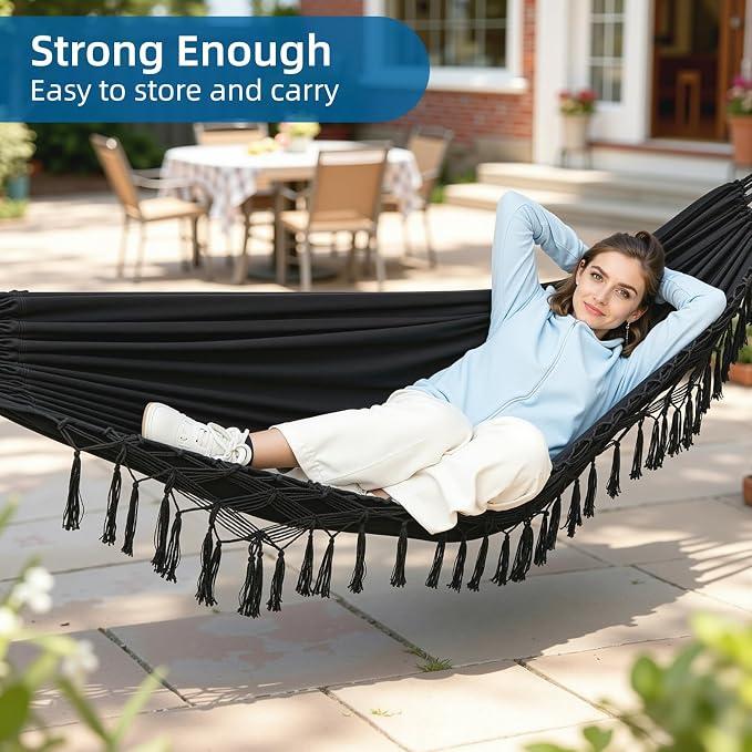 Brazilian Style Double Hammock with Fringe, 2 Person Patio Hammock for Backyard & Indoor Relaxation, Soft Breathable Fabric, Easy Setup with Straps & Carry Bag, 360 lbs Capacity