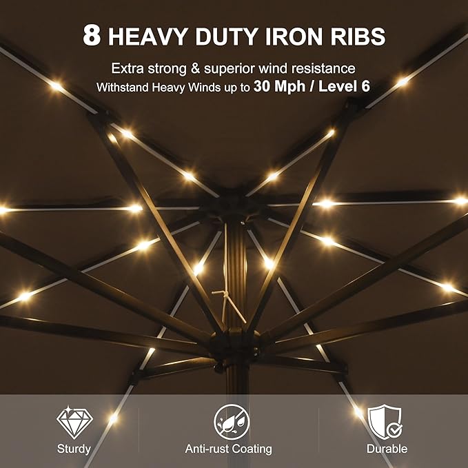 PURPLE LEAF 10' Round Patio Umbrella with Solar LED Outdoor Table Umbrella Aluminum Frame Market Umbrella with 8 Sturdy Ribs & Tilt for Garden Deck Lawn Pool Taupe