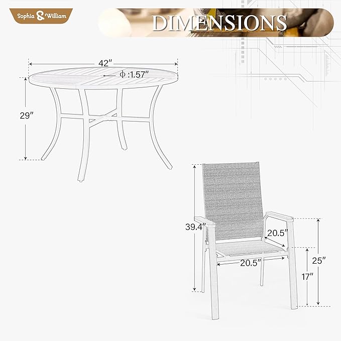 Sophia & William Patio Sets 5 Pieces, Lightweight Aluminum Dining Chairs with 42" Round Metal Dining Table, Stackable and Easy to Move for Lawn Garden Yard Porch (Blue)