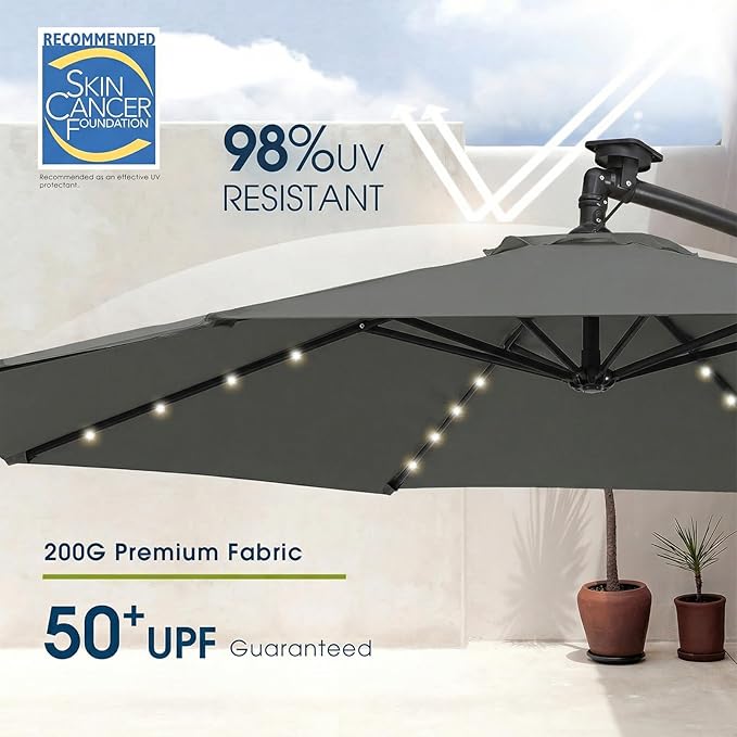 wikiwiki 10ft Solar LED Offset Patio Umbrella, Outdoor Cantilever Patio Umbrellas with Solor Lights for Backyard, Poolside and Garden, Easy Tilt Adjustment, 32 LED Lights & Polyester Shade, Dark Gray