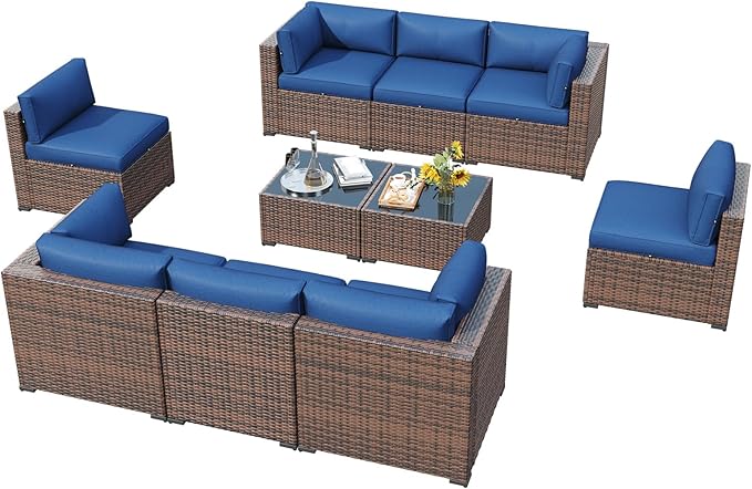 LazySunsets 10 Piece Outdoor Patio Furniture Set with Coffee Table, Outdoor Patio Furniture Sets with Waterproof Cover and Thicken Cushion, Wicker Rattan Outdoor Conversation Set for Backyard, Blue