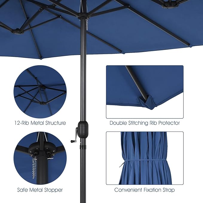 VOOYA HOME 15ft Large Patio Umbrellas Base NOT Included, Outdoor Double-Sided Umbrella with Crank Handle, UV Protective for Pool, Lawn Garden, Backyard (Pole Diameter 1.9 inch) Navy Blue