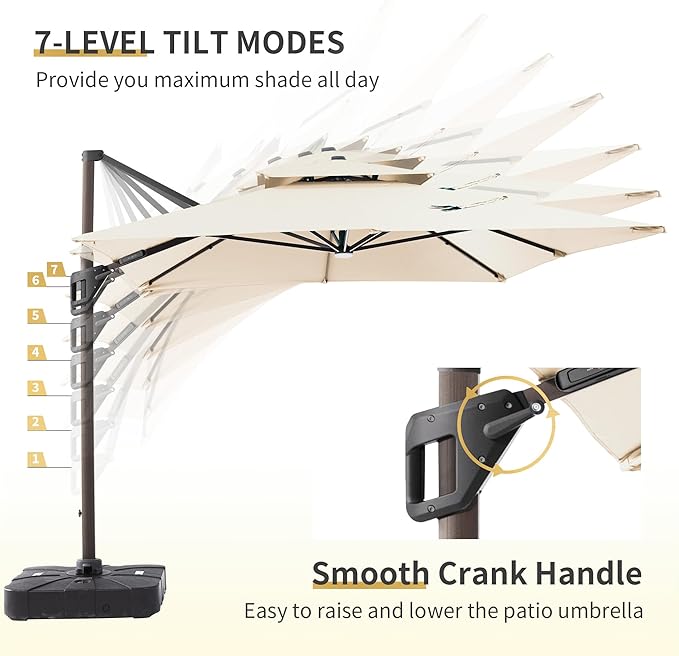 JZAC & QZYD 9x12 FT Outdoor Cantilever Patio Umbrella with Base Included and LED Lights, Large Heavy Duty 2-Tier Aluminum Offset Umbrellas with 360-Degree Rotation for Pool Deck, Beige